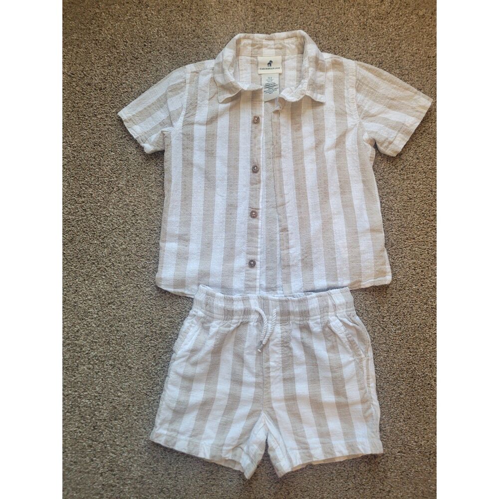 Caribbean Joe Boys Size 5 2 Piece Set Striped Linen Blend Shirt Shorts Beach